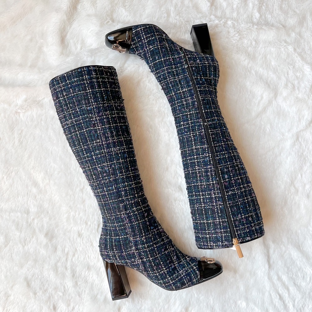 NEW Pollini Made in Italy Tweed Leather Knee High Boots Block High Heel 9US 40IT